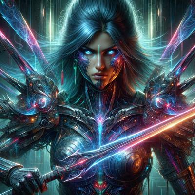 The primary subject of the image is a woman with a futuristic appearance, wearing a metallic outfit and holding a sword. She has a striking blue-green hair color and is surrounded by a futuristic setting. The visual style of the image is digital art, with the woman's outfit and the sword being the main focus. The colors and mood of the image are dark and mysterious, with the woman's blue-green hair and the metallic outfit adding to the futuristic atmosphere